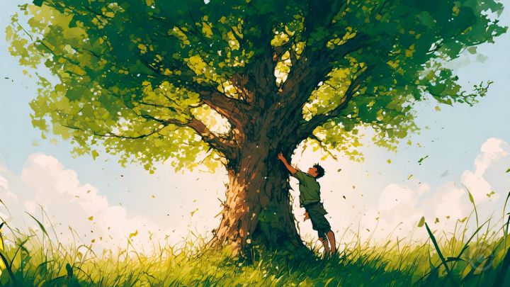 BOY REACHING FOR A BIRD IN A LONE TREE CLOUDY BLUE SKIES BEHIND