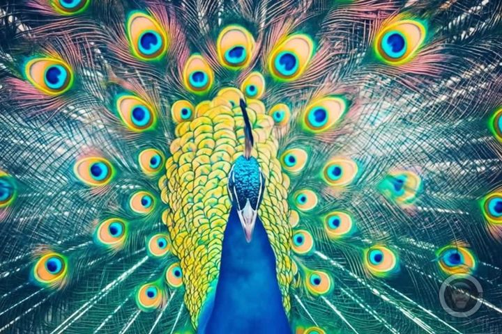 A peacock showing its eye feathers in blue and green