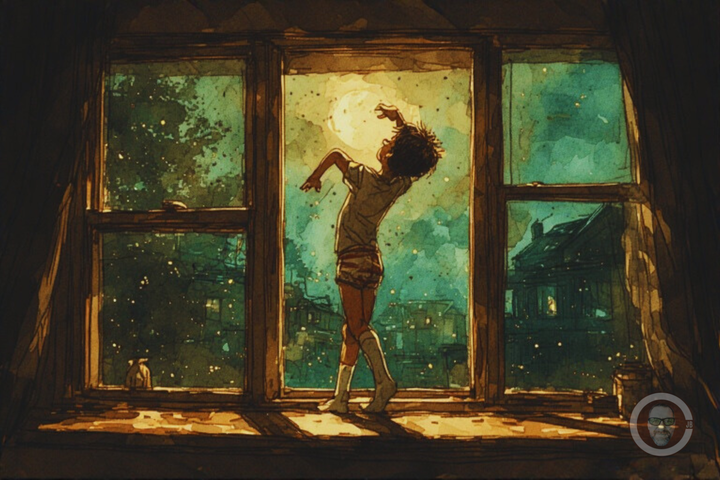 a boy happily dancing in his window sill at night by the moon outside