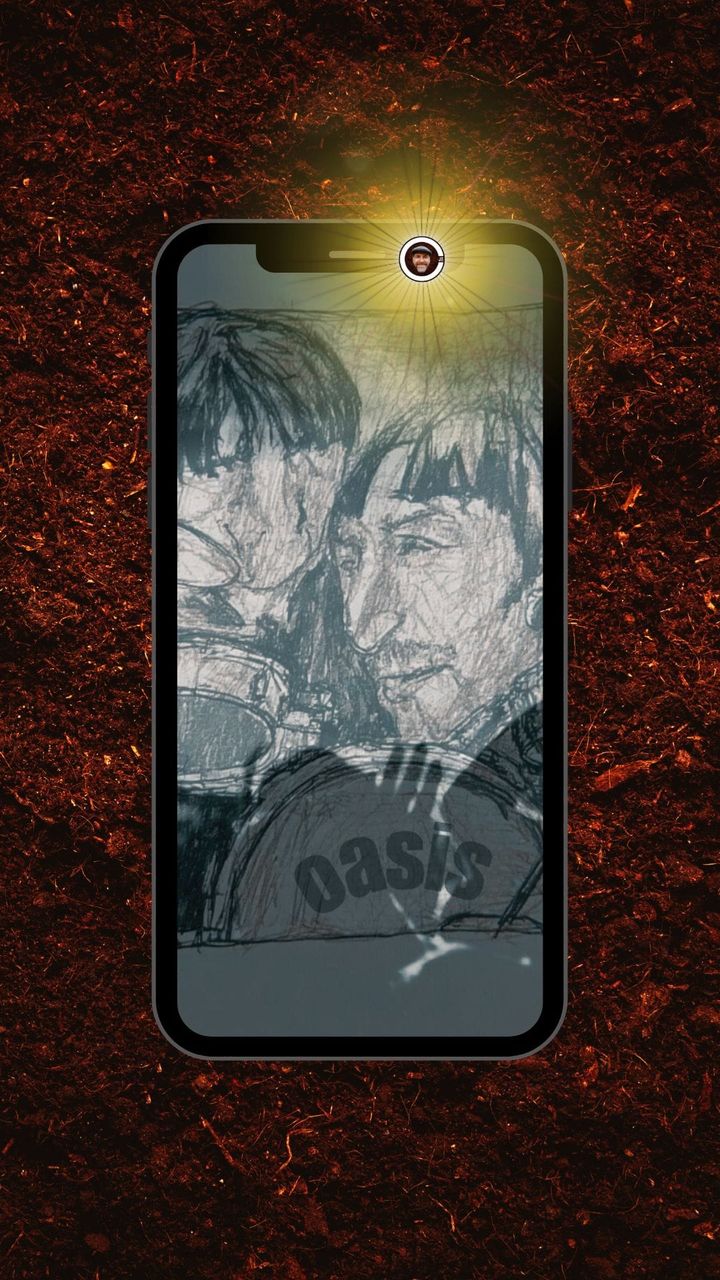 drawing of oasis brothers in pencil but looking abstract on a phone screen with earth background