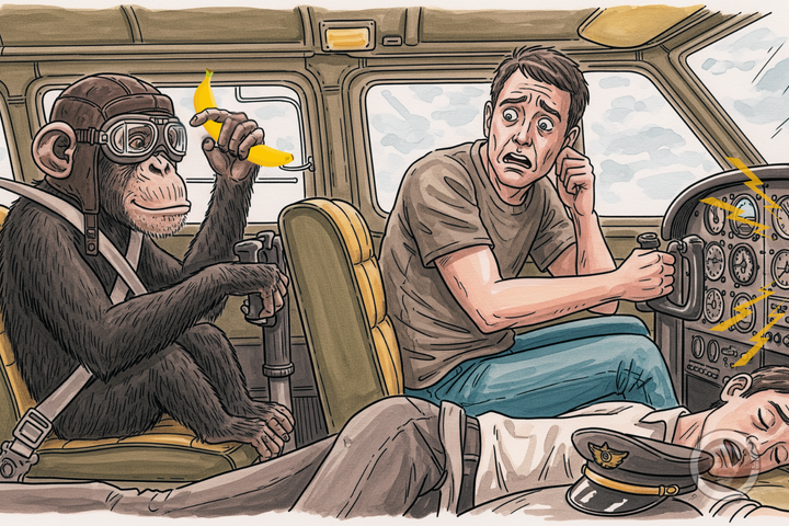 A monkey is trying to fly a plane with a pilot asleep and a man looking panicked