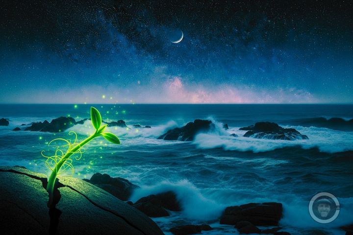 image showing a green glowing seed coming out a rock looking at stormy sea and starry night