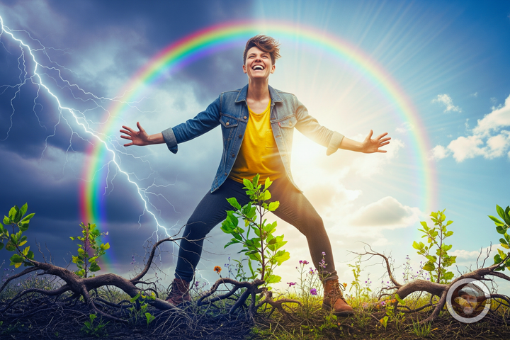 man standing triumphant and laughing with rainbows around