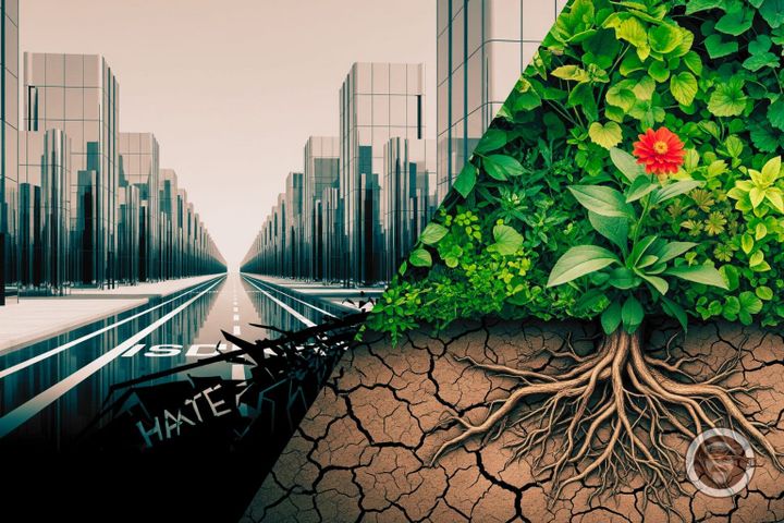 IMAGE OF A DEAD CITY TO LEFT AND GROWING PLAT TO RIGHT WITH FLOWER