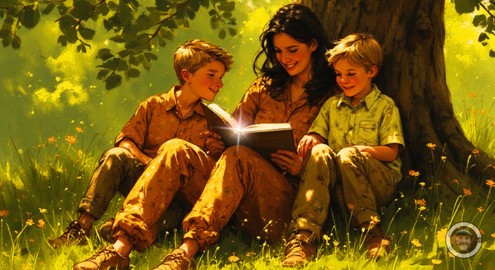 mum sitting reading book under tree with 2 boys smiling