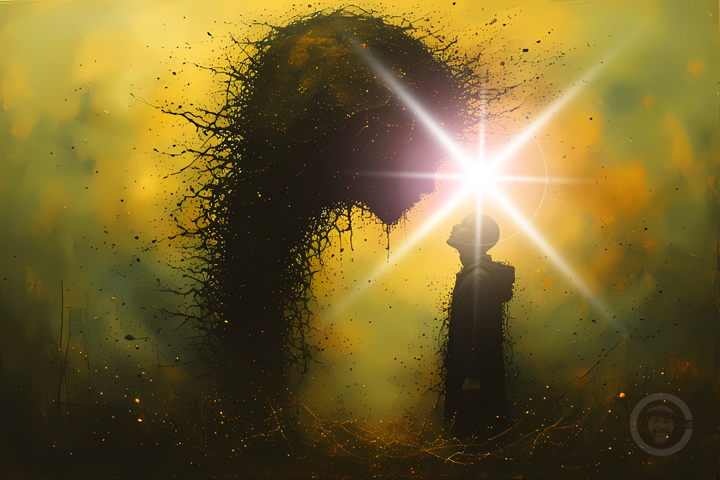 CJB art of man facing a shadow with a big head towering before him