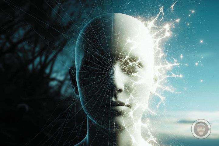 image of a makin white face in dark and light with spider web over face