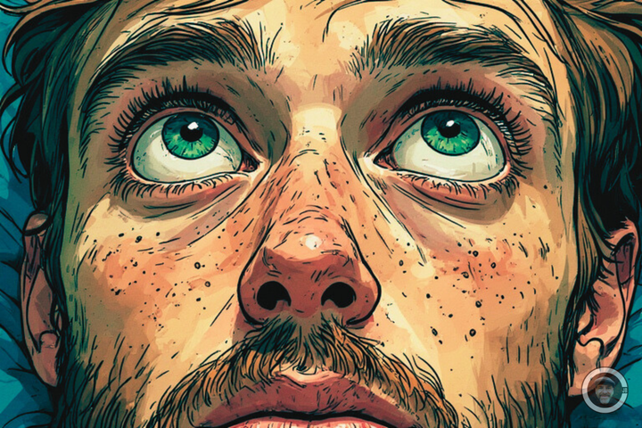 man eyes open in bed