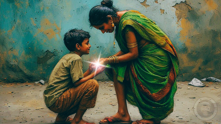 indian woman with indian boy and sparkling hands