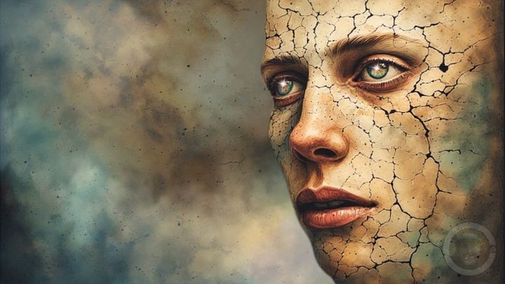 cracked face staring with sparkling eyes into cloudy skies