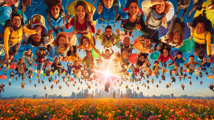 cjb art of hundred of people freefalling towards flowers