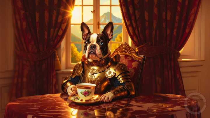 IMAGE OF CJBS DOG BELLA IN ARMOUR HAVING A CUP OF TEA IN A PLACE ROOM WITH SUNSHINE