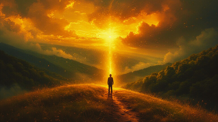 man standing on a hill looing at sunset golden