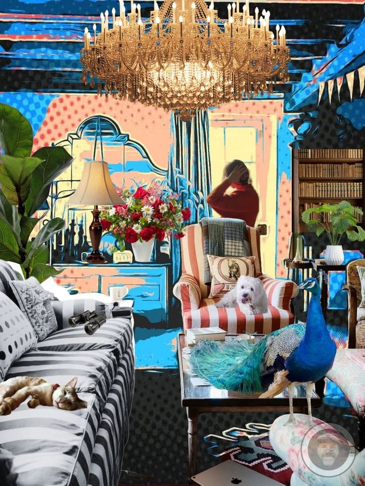 CJB digital collage of a room with sofa dog cat woman window magazines books etc