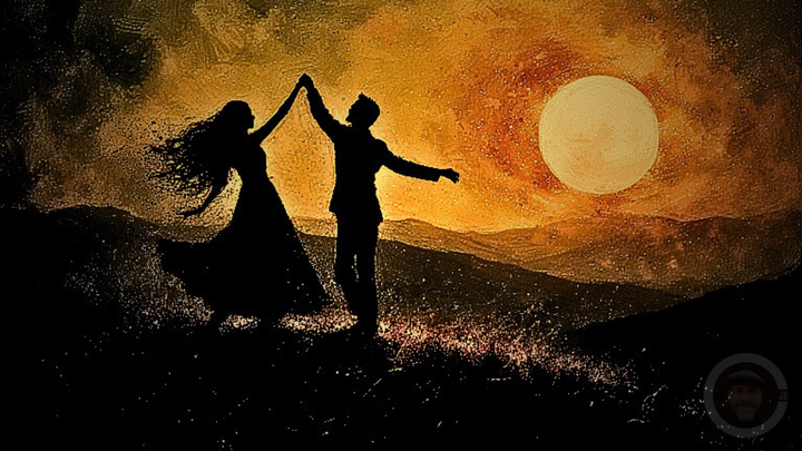 image of a couple silhouette dancing on a hill in front of sun