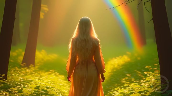 a woman walking into a forest towards a rainbow