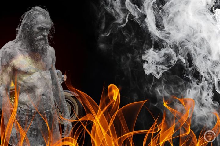 CJB digital collage of biker looking down at flames and smoke billowing