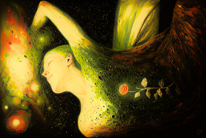 a CJB original artwork of a person reaching for the universe and a rose growing within