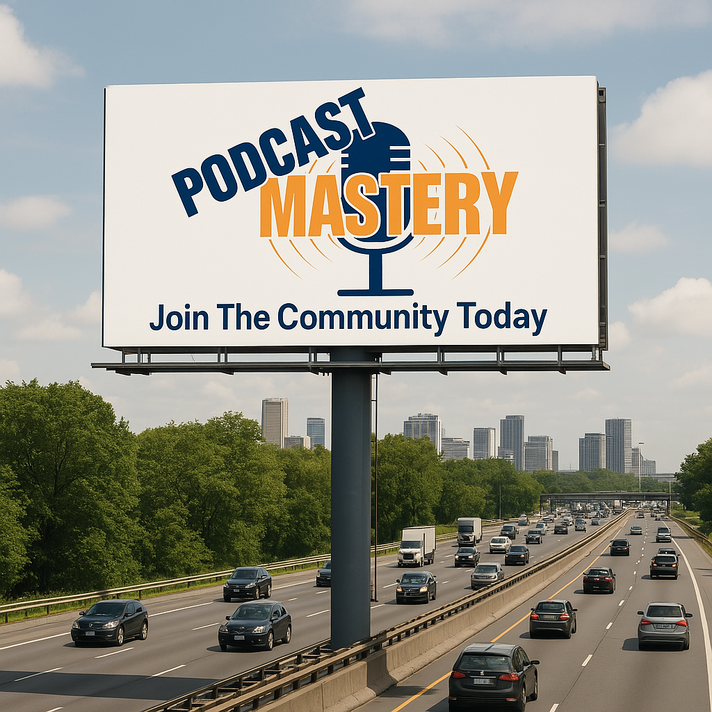 Clearly an AI image with the Podcast Mastery Logo and words below it saying "Join The Community Today) on a billboard in a busy highway