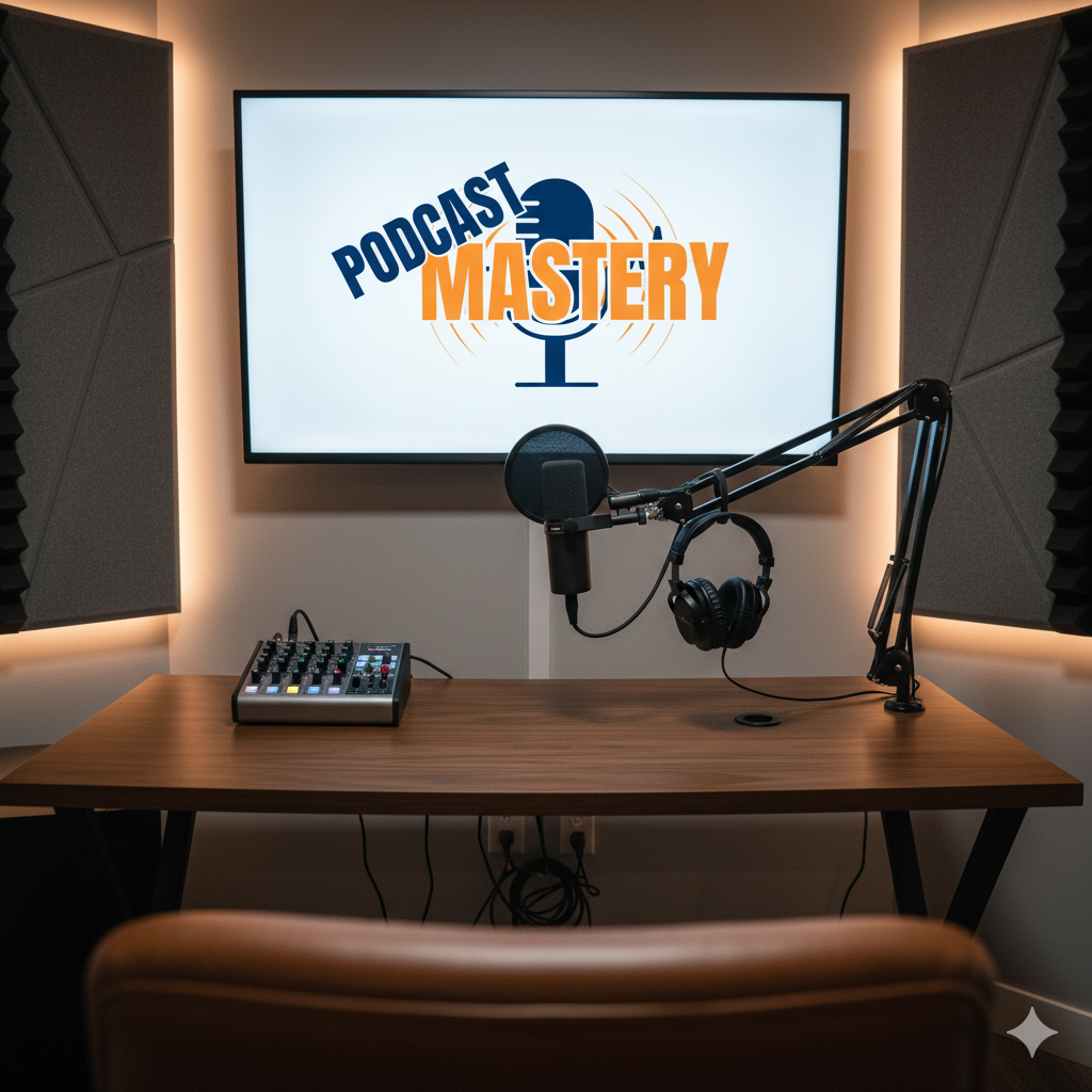 Gemini rendering of a podcast studio with the Podcast Mastery Logo on a TV in front of a desk with podcast stuff on it!