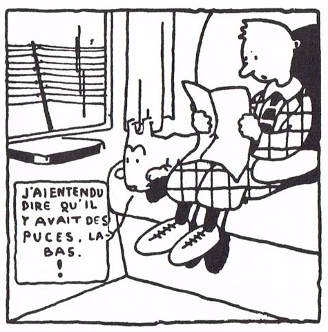 An old comic panel of Tintin & Snowy the dog sitting in a train cabin. Snowy is saying something in French.