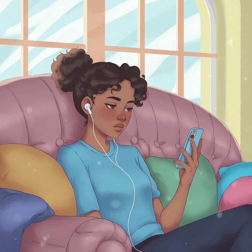 AI image of a woman listening to a podcast. Illustration