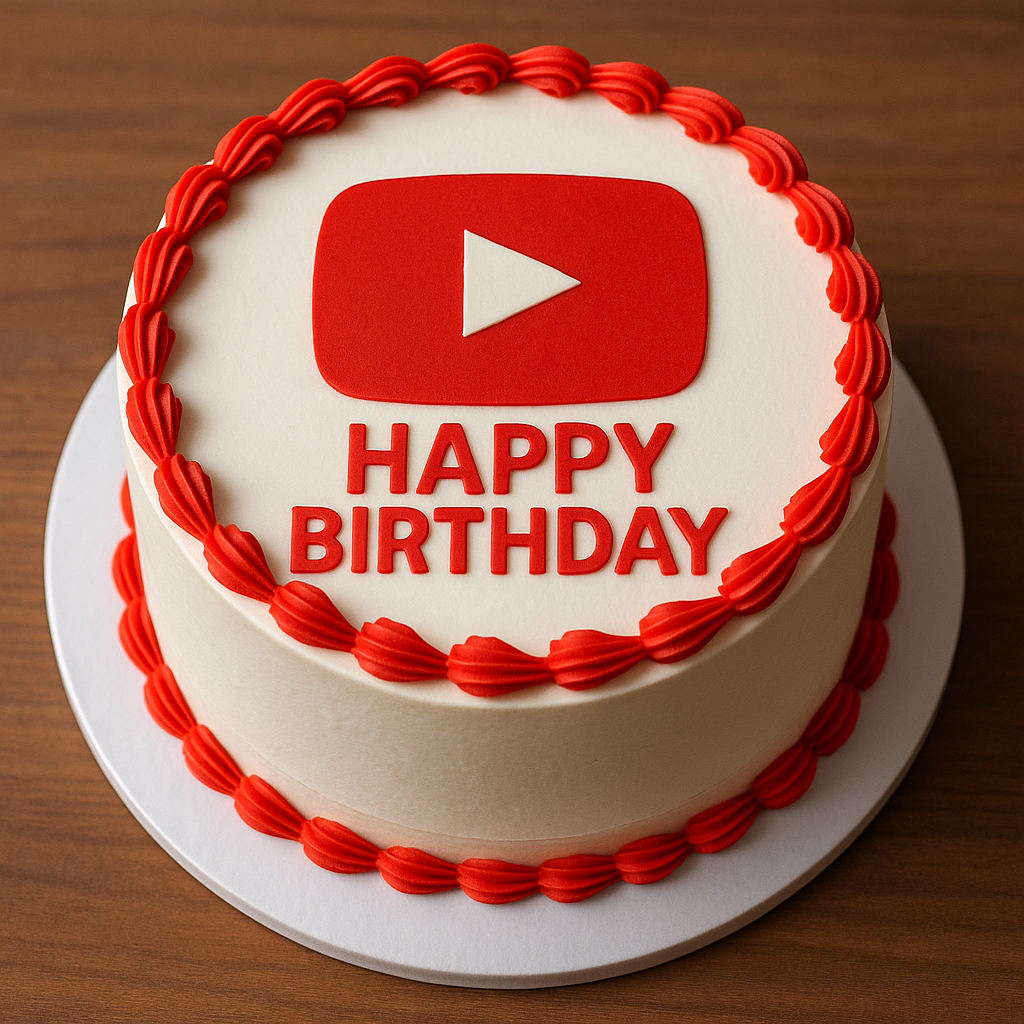 Birthday cake with white and red iceing. Says Happy Birthday witht the YouTube logo on above it on the cake. ChatGPT