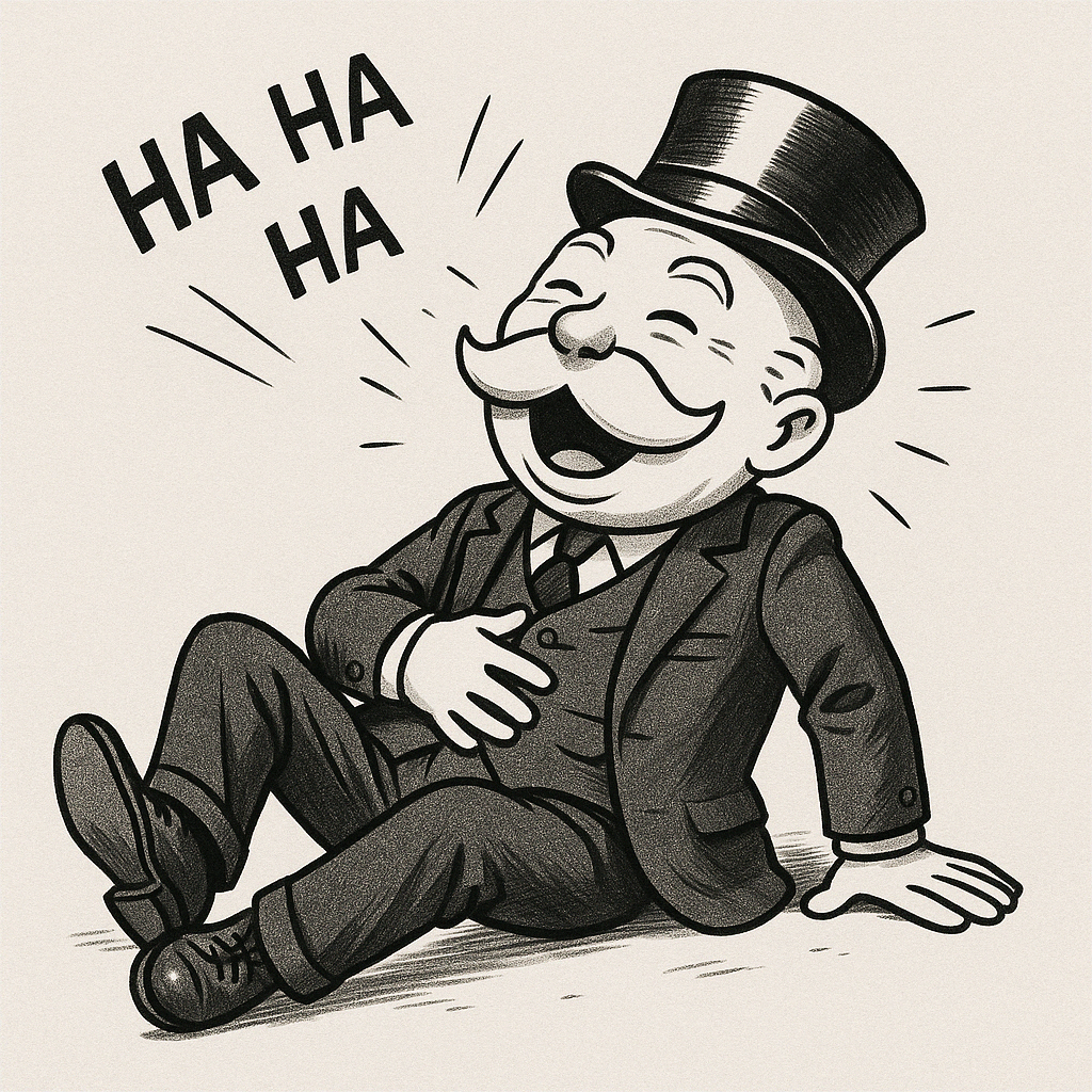 ChatGPT Monopoly Man Laughing words Ha Ha Ha coming out of his mouth. Looks like a pencil drawing.