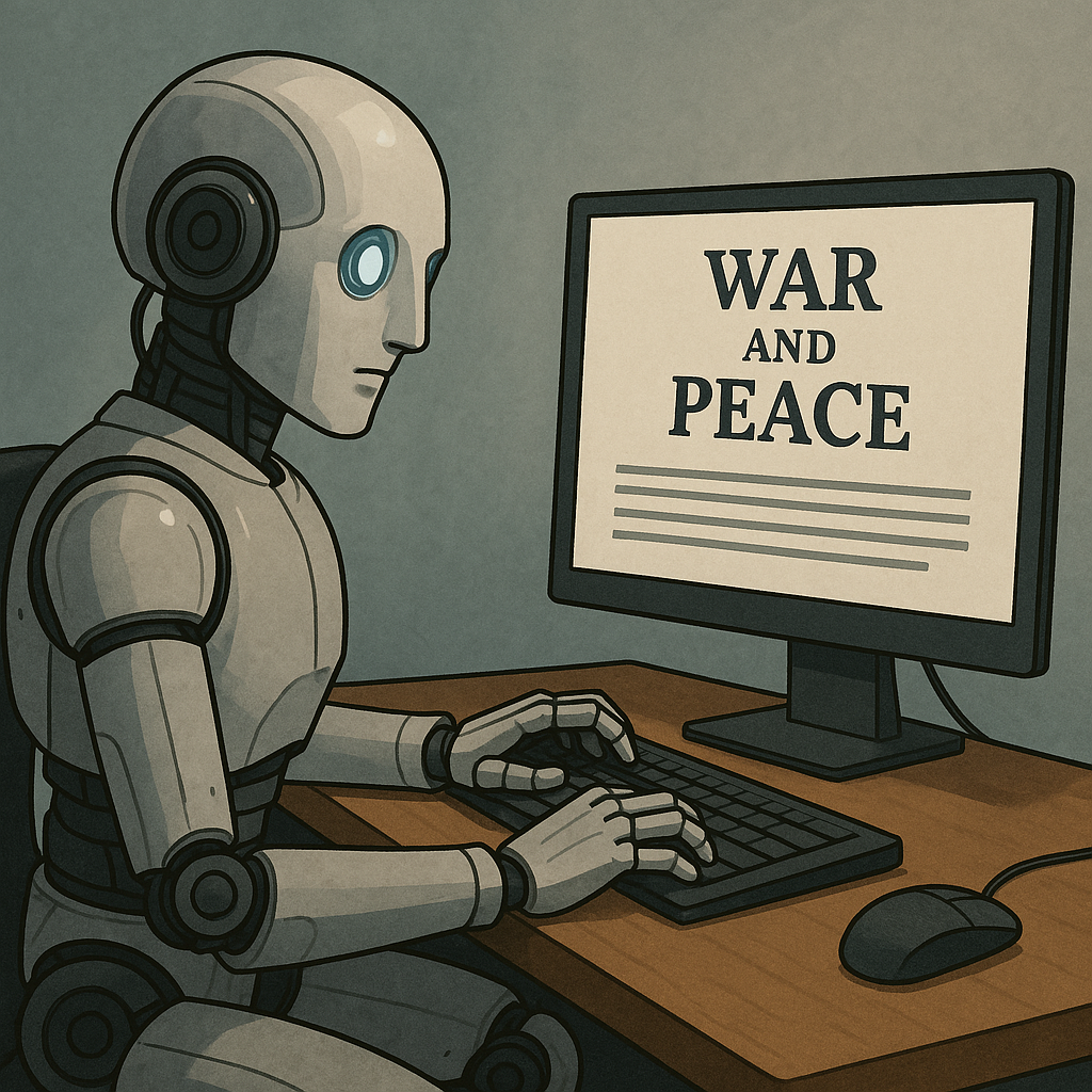 ChatGPT 4o Image Generation of a robot sitting at a computer writing War and Peace.