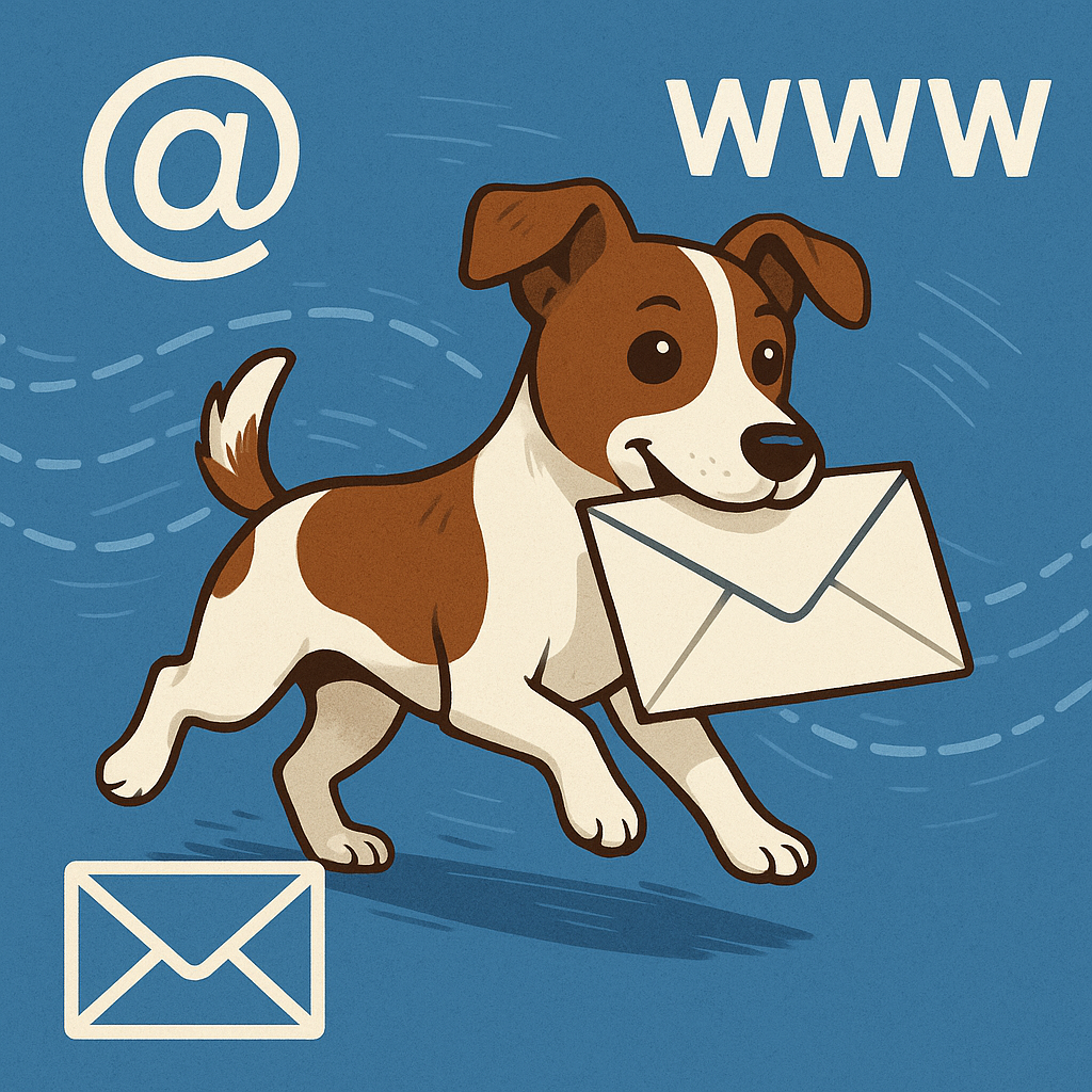 AI Graphic of a cute dog delivering email through the Internet.