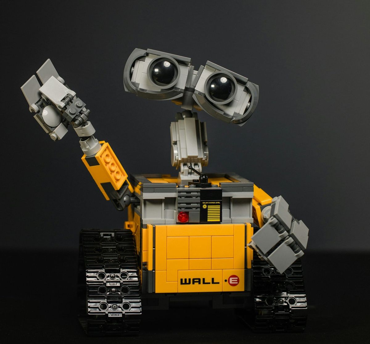 A picture of a Lego redition of Wall-E the Pixar robot from the movies.