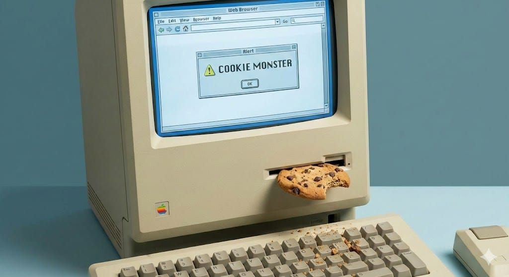Picture of a cookie being eaten by a computer with a web browser on the screen.
