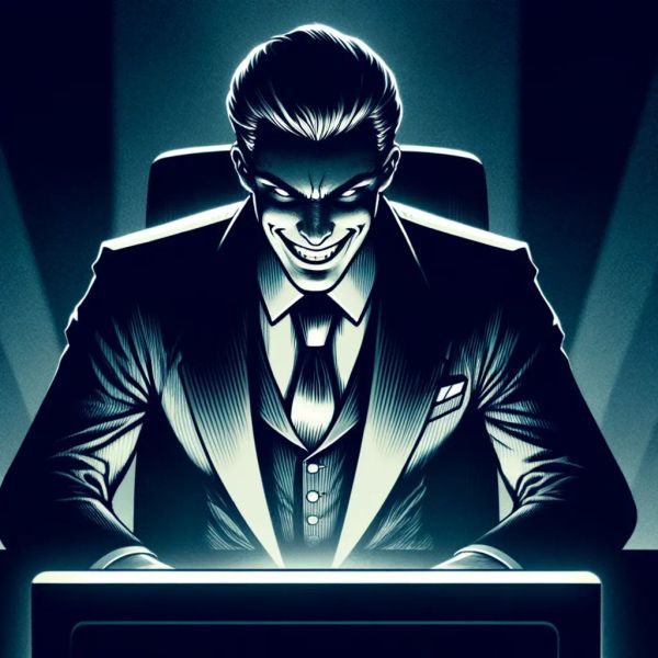 Dalle 3 Render: A sinister duotone picture of a tech exec looking at a computer with a menacing look on his face