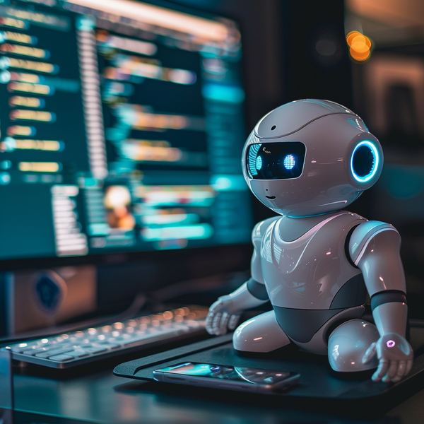 Little bot looking at a computer with a smile on his face cell phone in front of him.