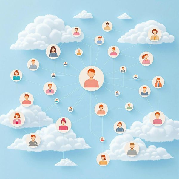 People symbolized as icons connected by lines on a light blue background with fluffy clouds.