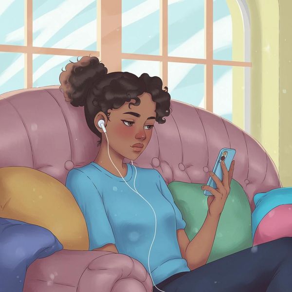 AI image of a woman listening to a podcast. Illustration