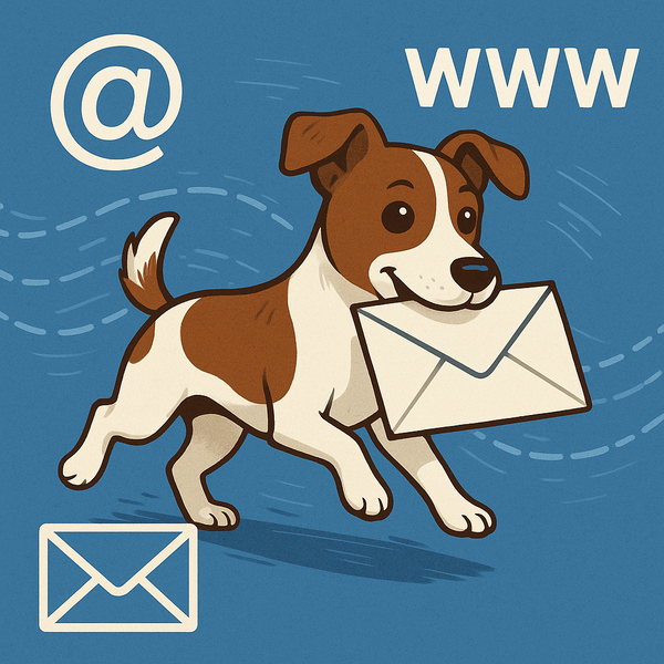AI Graphic of a cute dog delivering email through the Internet.