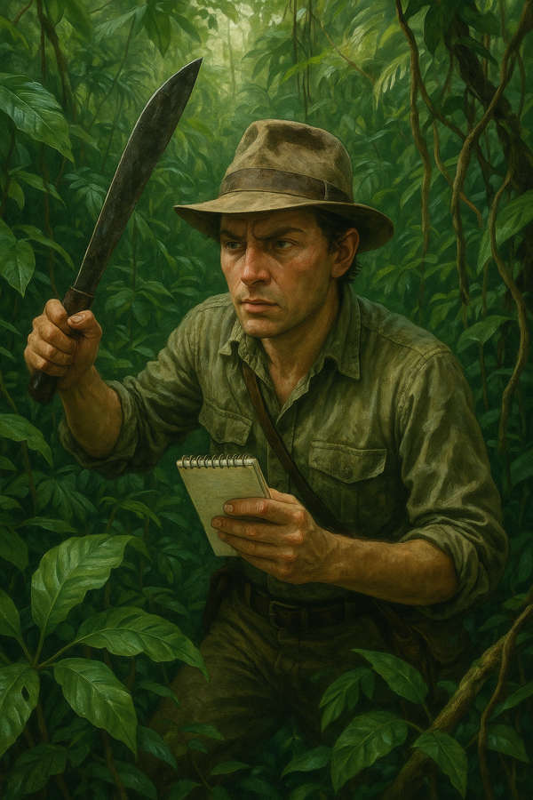 A person hacking through a dense jungle with a machete in one hand and a journalist's notepad in the other, surrounded by lush green foliage and vines, realistic style