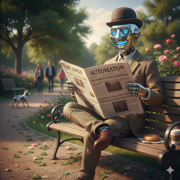 AI image from Google Gemini: A robot on a park bench dressed dapper, reading a newspaper smiling. There is a coffee and a bagel for some reason next to it.