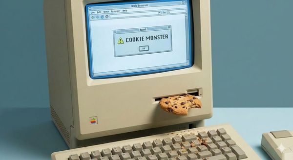 Picture of a cookie being eaten by a computer with a web browser on the screen.