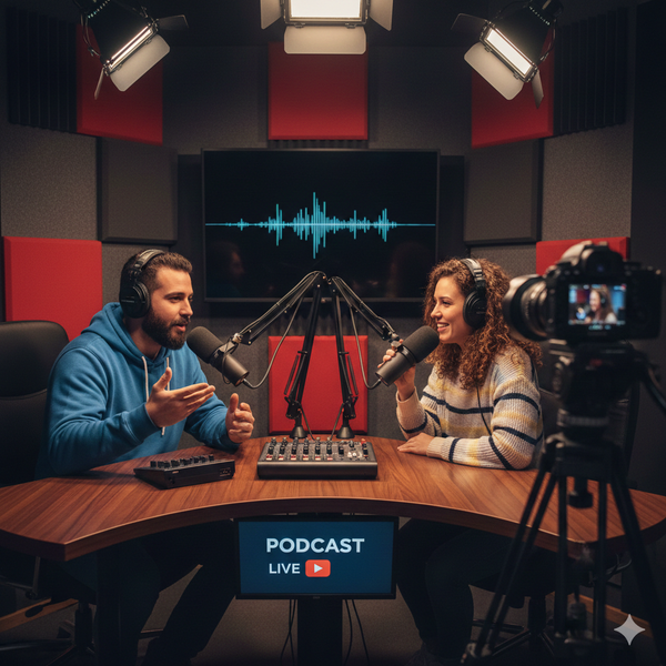 AI image of a man and a women taking in a podcast studio recording a podcast. Included are podcast microphones and a video camera off to the side filming them. 