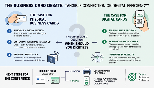 AI generated infographic about the Business Card Debate: Tangible connection or digital efficiency.