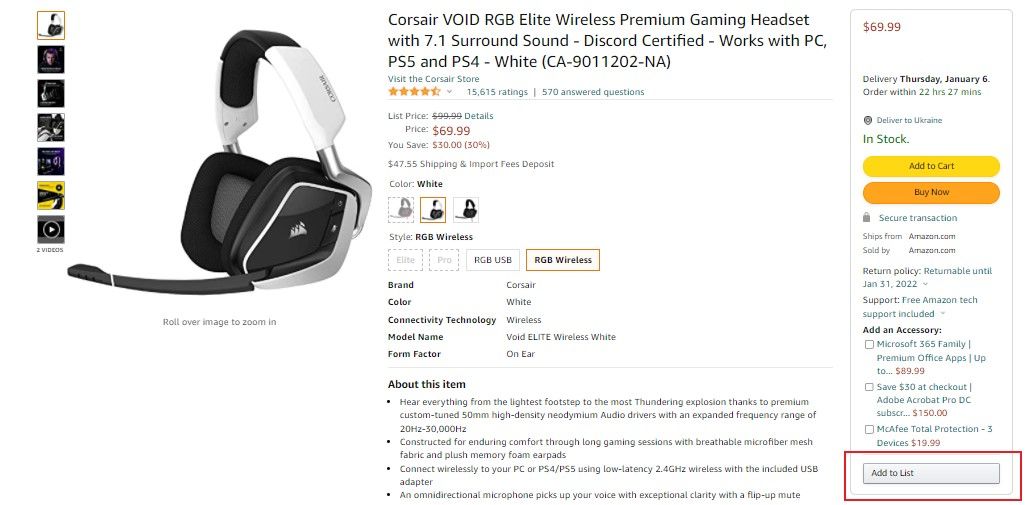 To add items to a wishlist, select Add to List