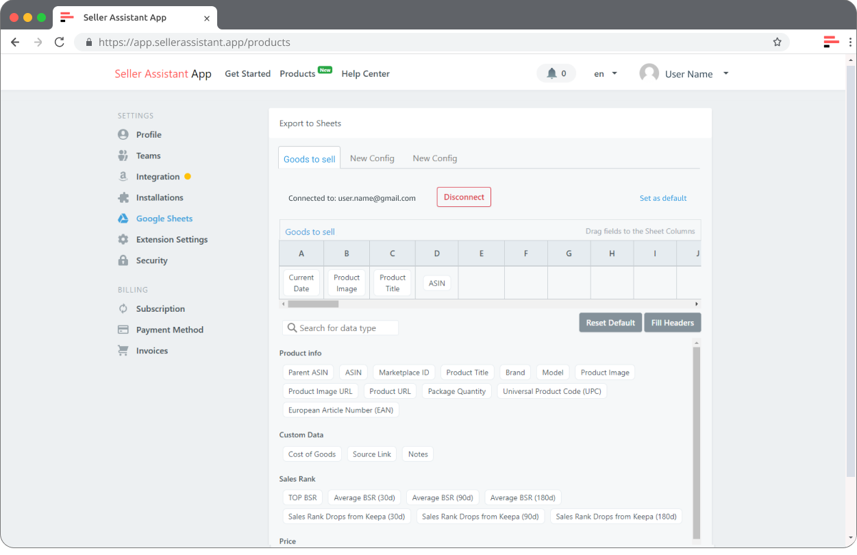 Set up export to Google Sheets with Seller Assistant App, step 3