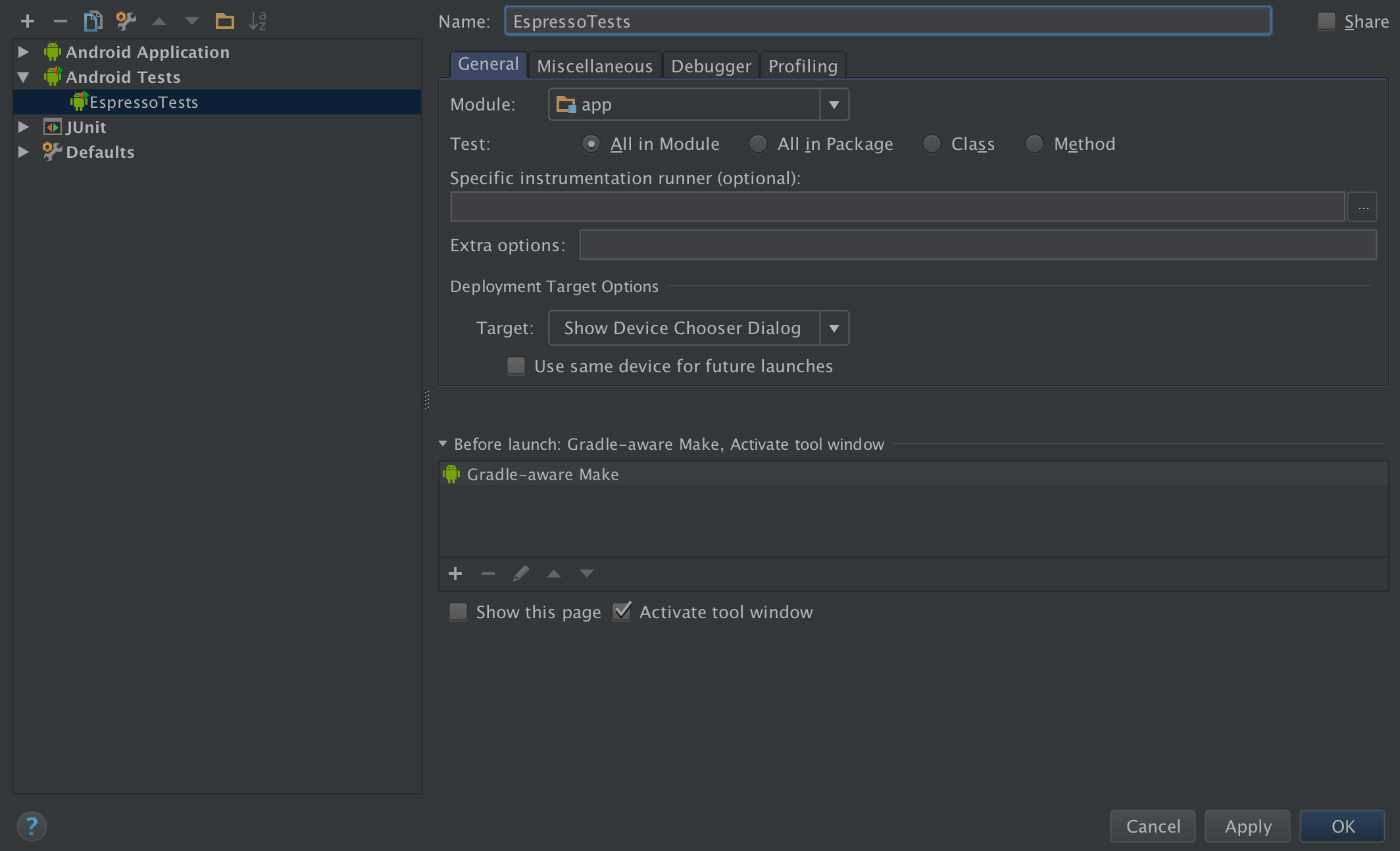 Configure android tests