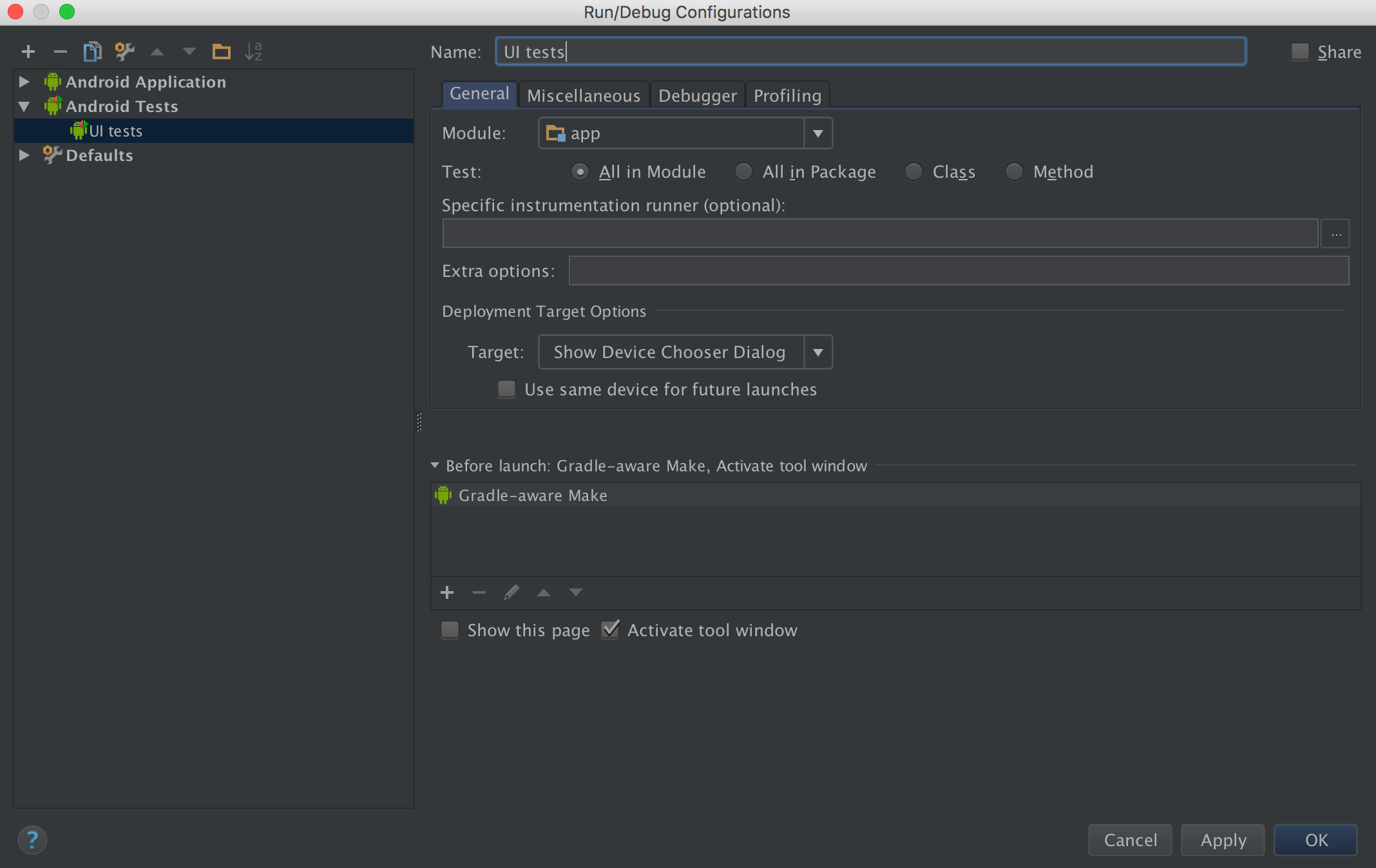 Edit test configuration