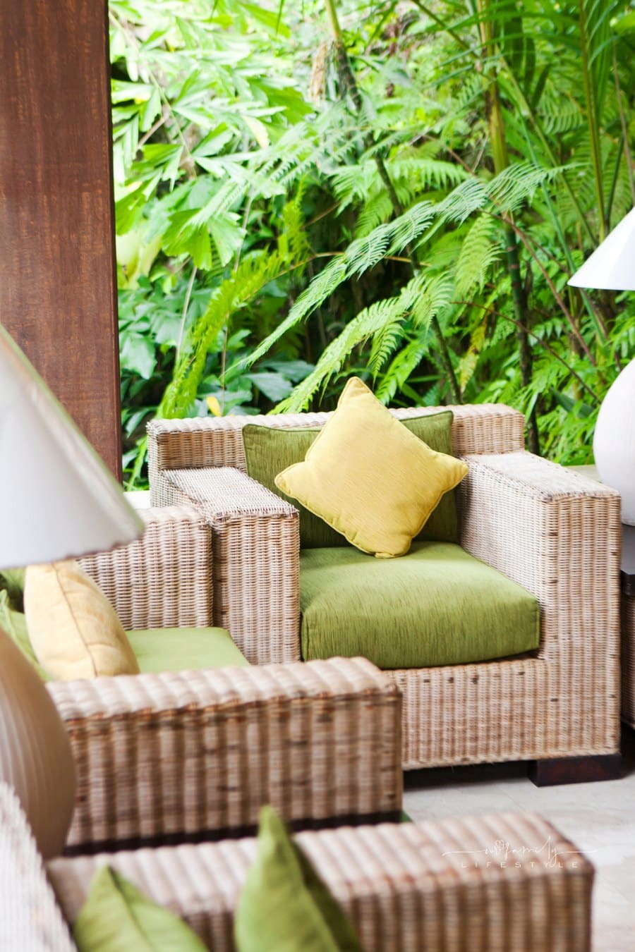 green and wicker outdoor patio