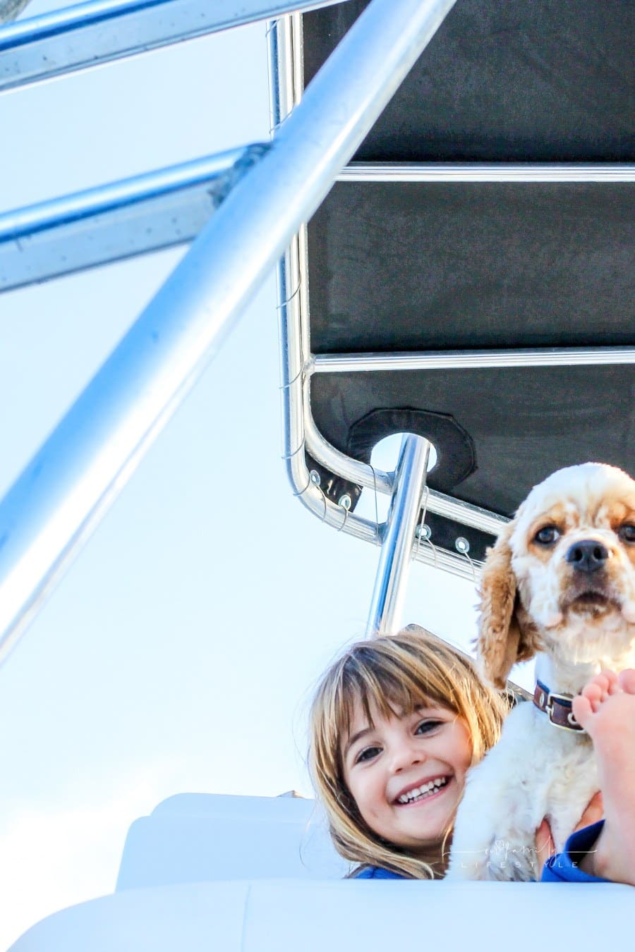 cute kid with a spaniel on a fishing boat