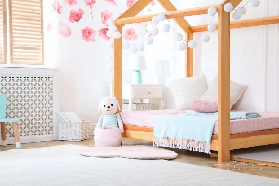 Stylish Child Room Interior with Wooden House Bed
