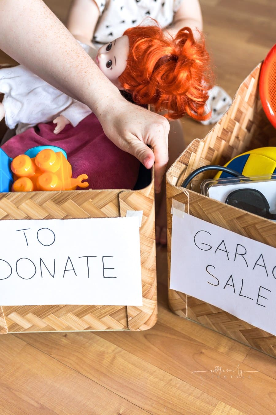 Boxes of things for a garage sale and donation. Decluttering, cleaning and moderate consumption for a sustainable life
